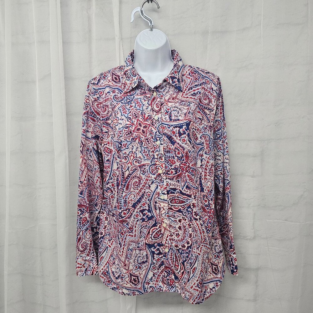 Talbots Blouse Button Up Paisley Blue Red Preppy Casual Boho L